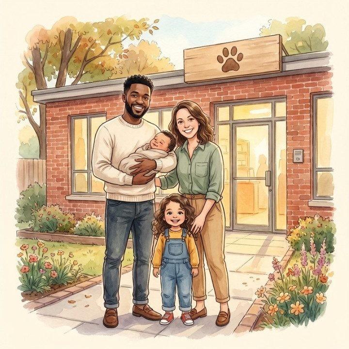 A family with their baby and young daughter standing outside a brick animal shelter on a bright morning